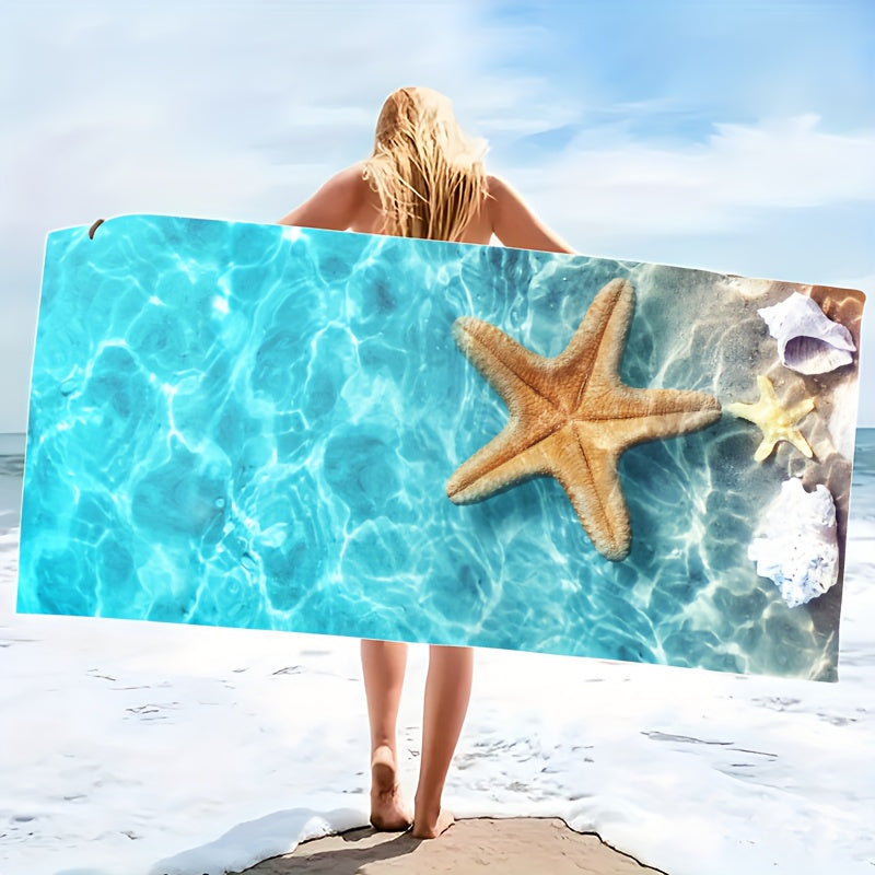 Soft, quick-dry beach towel with starfish and seahorse design. Sand-resistant, super absorbent microfiber. Ideal for pool, camping, yoga, diving. Tropical style in two sizes. Perfect for travel and yoga.