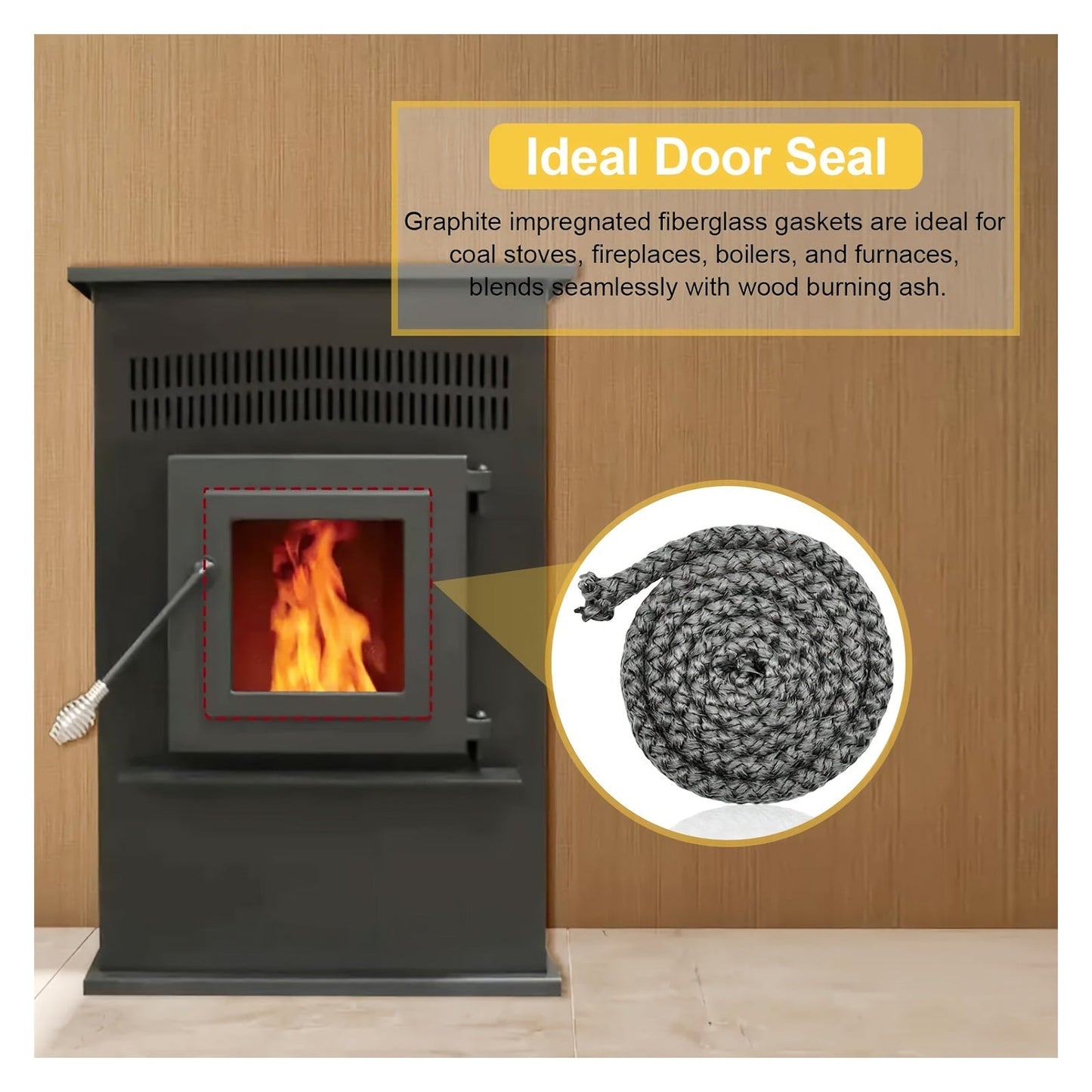 The Broil-X Fireplace Door Seal Rope is a 3/4'' x 7ft graphite-impregnated fiberglass rope that is compatible with Englander Pellet Stoves (25-PDVC, 28-3500), Wood Stoves (18-MH, 24-AC) and many other models.