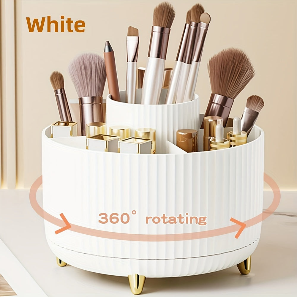 Makeup brush organizer with 360° rotation and 5 compartments for brushes, lipsticks, and stationery. Made of hypoallergenic plastic.