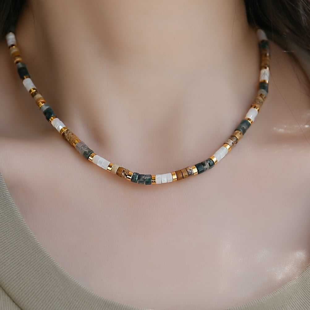 Stylish Vintage Boho-Chic Necklace with Natural Stone Beads for Women - Vibrant, Sophisticated Collar Necklace Ideal for Parties & Gifting