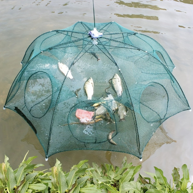 Foldable hexagonal fishing net with 1pc and 4/6/8/10 holes for catching minnow, crayfish, and crabs effortlessly.