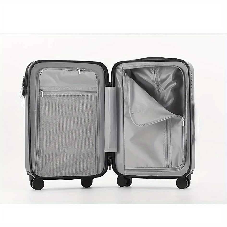 20" front pocket carry-on luggage with TSA lock, USB charging port, and spinner wheels.