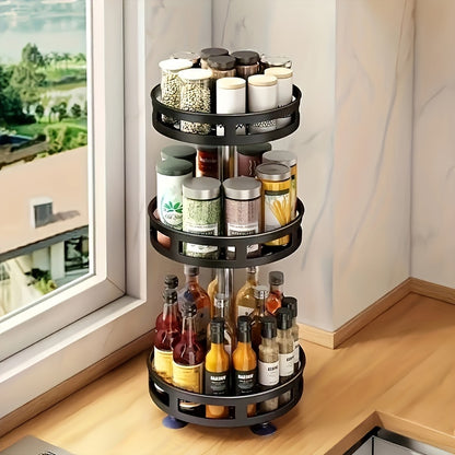 Metal spice rack with storage containers for seasonings, oils, and vinegar, with single, double, or triple layer options and 360-degree rotation.