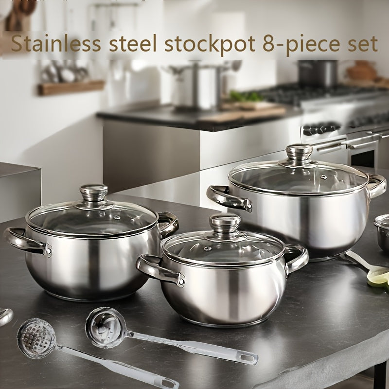 This set includes 8 pieces of stainless steel soup pots that are perfect for cooking. The set includes 3 pots, 3 pot covers, and 2 spoons. These pots are suitable for use on both induction cookers and gas stoves. They feature stainless steel double