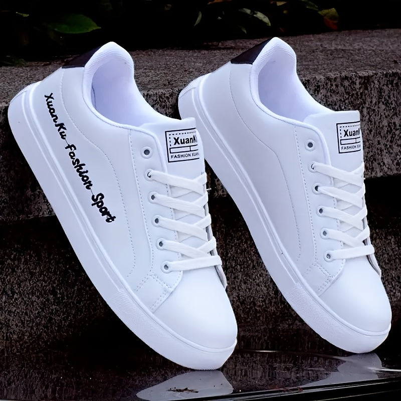 Men's letter print skateboarding shoes with low top lace-up design for casual, sports, and daily wear in all seasons.