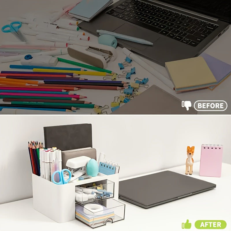 Multifunctional desktop organizer with two drawers for spring, ideal for organizing office supplies, vanity essentials and school items. Made from durable plastic, perfect for offices