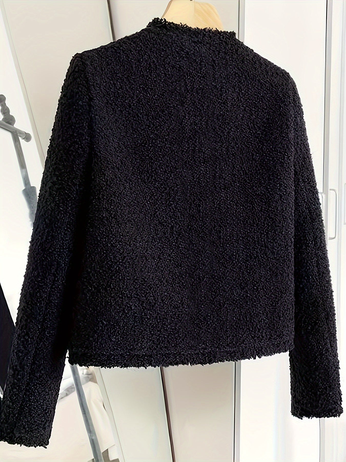 Textured V-neck coat in solid color for fall & winter, women's fashion.