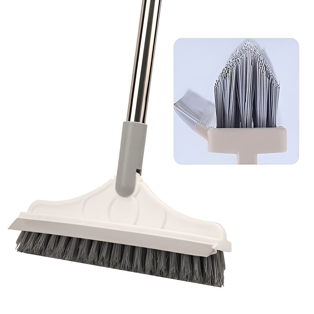 No electricity required! This 2-in-1 Multi-Surface Cleaning Brush features a long handle, 120° rotating scrubber, and squeegee. It is made of reusable plastic and metal, with a medium firmness for effective cleaning. Perfect for use in the bathroom