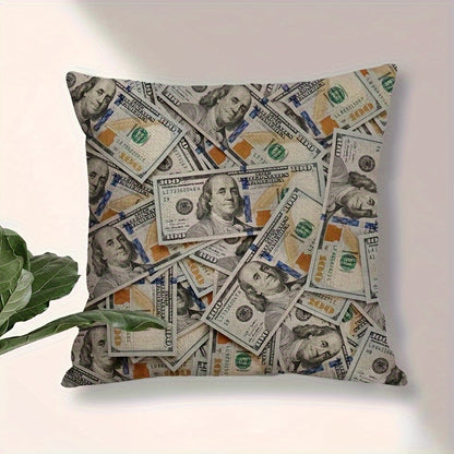 Humorous dollar bill pillow cover. 45.72x45.72 cm, double-sided with zip closure. Great for bedroom and living room decor. Machine washable polyester.