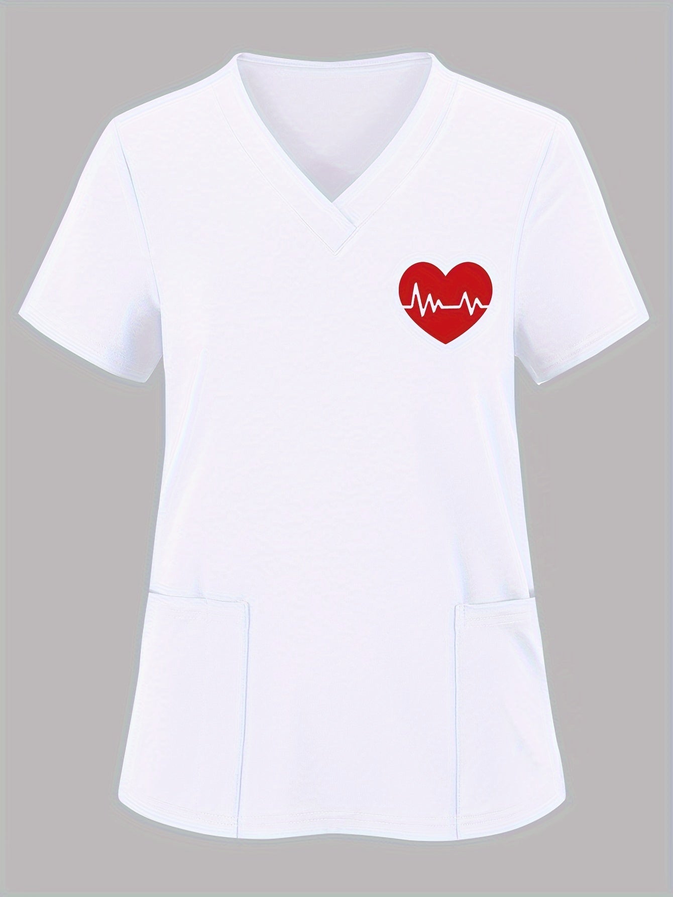 Vintage-inspired heart pattern v-neck scrub top for women's nurse uniform with side slits, pockets, and stretchy polyester blend. Machine washable.