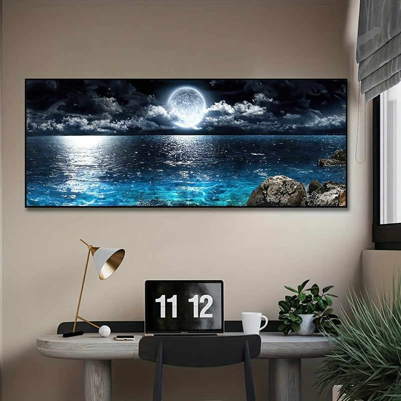 Modern abstract ocean and night moon landscape canvas poster. Ideal gift for bedroom and fall wall decor. Oil painting, no frame included.