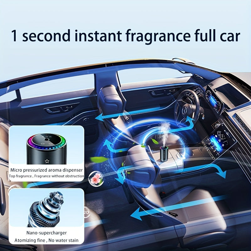 Durable black car diffuser with USB plug-in for essential oils and aromatherapy. Atomization brings a new smell experience, with adjustable concentration and automatic on/off. Lasting