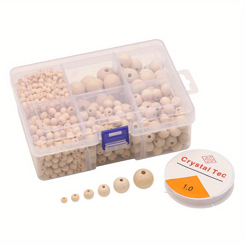 Set of 1105 pieces of wooden beads in 6 different sizes (6mm, 8mm, 10mm, 12mm, 16mm, 20mm) with elastic line, perfect for DIY jewelry making. The wooden beads come in a boxed set for easy storage and organization.