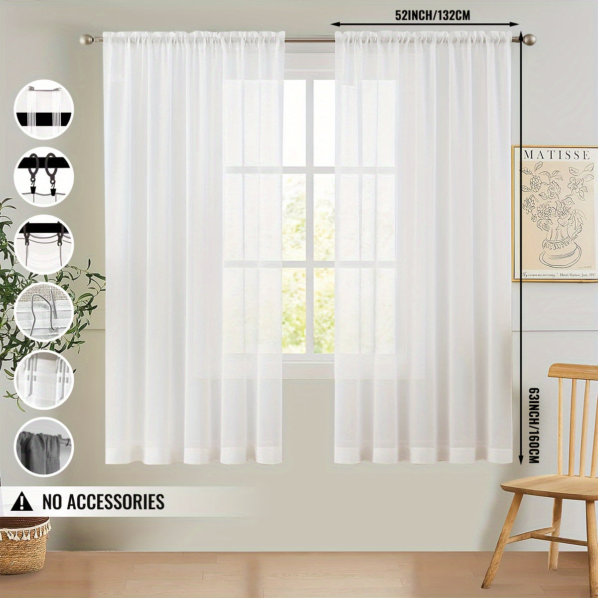 Set of 2 White Sheer Privacy Curtains – Semi-Transparent Window Drapes for Bedroom and Living Room, Filtering Light with Scratch-Resistant Material. Features Rod Pocket, Hooks Belt, Back Tab, Clip Rings, and Track System for Easy Hanging. Stylish Curtain