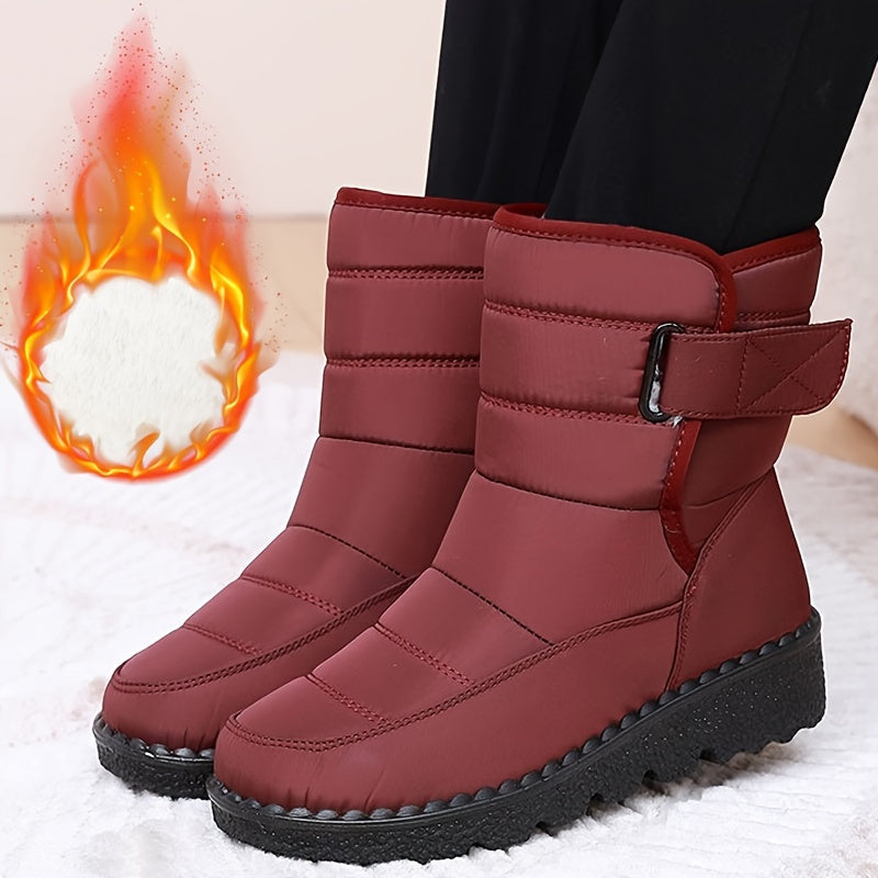 Women's mid-heel snow boots, sizes 36-43, round toe fabric upper, water-resistant PU sole, hook-and-loop closure, all-season winter footwear.