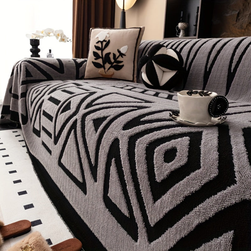 Modern Geometric Plush Sofa Cover in Black & White, All-Season, Dust-Proof, Pet-Friendly. Fits Single to Four-Seater Sofas. Machine Washable. Ideal for Living Room & Bedroom.