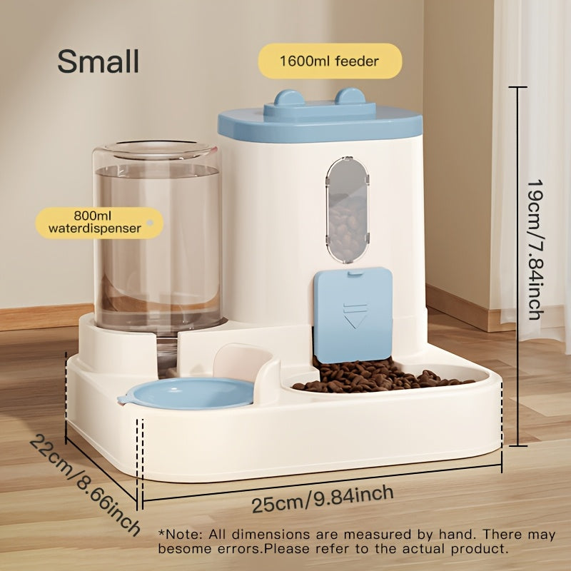 Dual bowl ergonomic cat feeder and water dispenser set made of plastic for cats, featuring automatic food and water feeding for neck-friendly use.