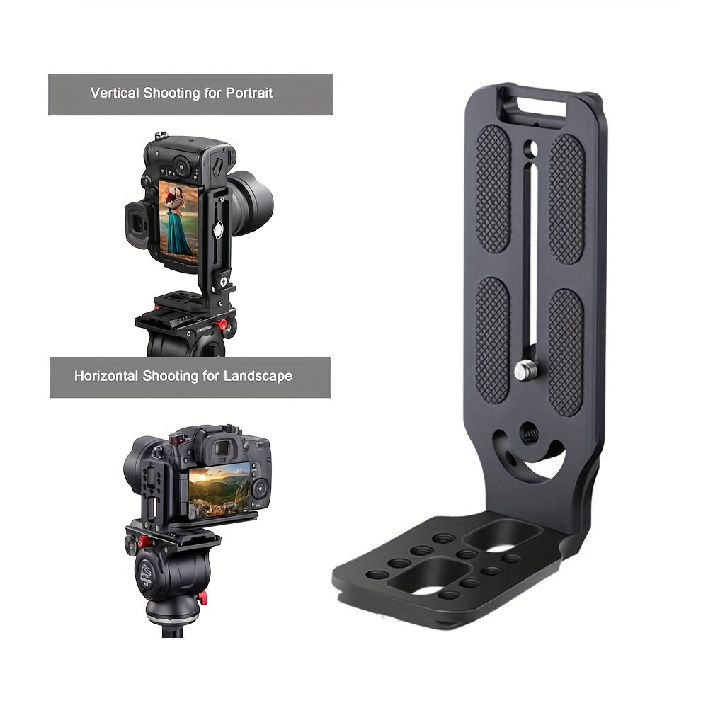 Versatile quick-release L bracket for DSLR cameras, with waterproof metal plate, 1/4" screw, compatible with Canon & Fuji, includes hex wrench and replacement screws.