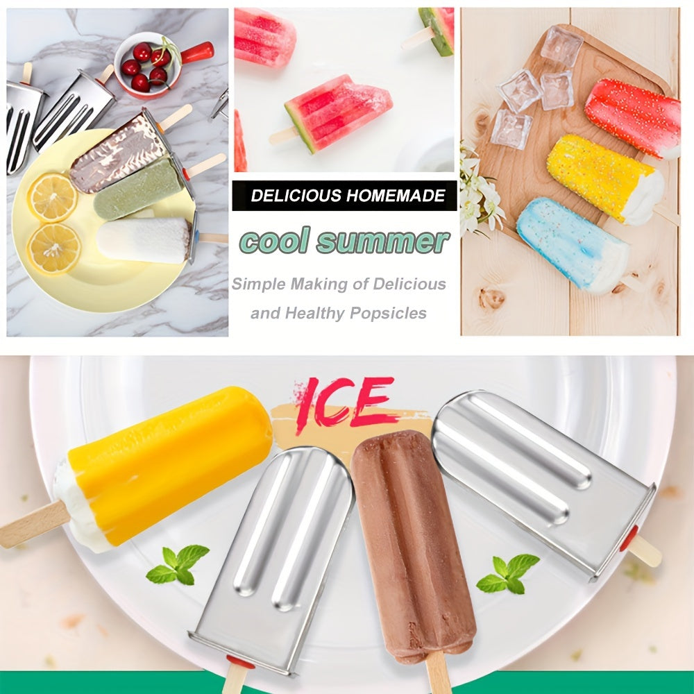 6 or 10 piece set of 304 stainless steel popsicle molds with cover, stainless steel popsicle stand base, and ice cream sticks for DIY golden popsicle molds and creative fruit popsicle molds. Essential kitchen tools for making delicious treats.