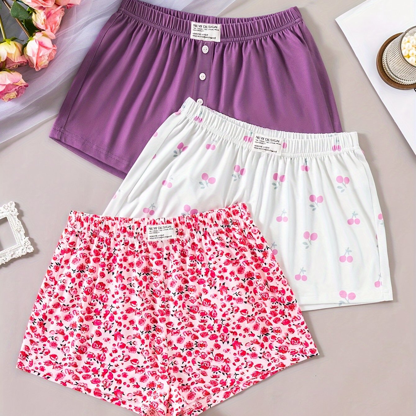 Women's 3-piece lounge shorts set features casual floral print, an elastic waistband, and is machine washable.