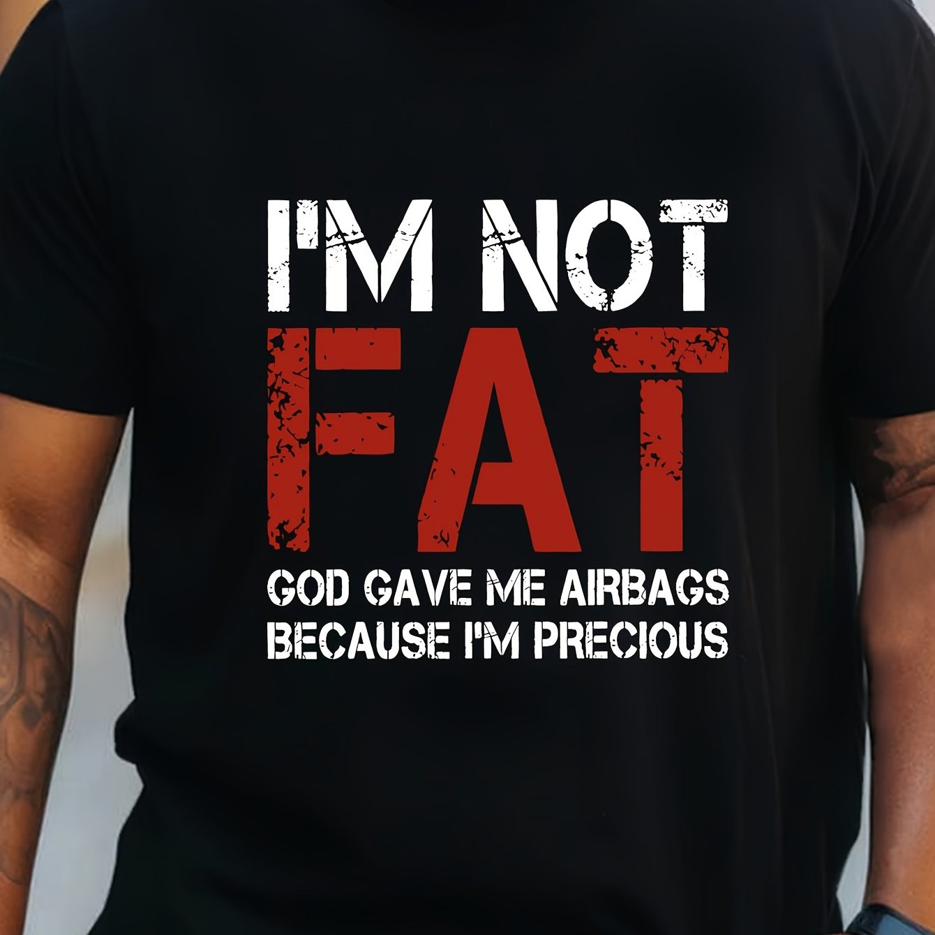 Men's plus size T-shirt with 'I'm Not Fat' print, trendy summer short sleeve tees for big & tall