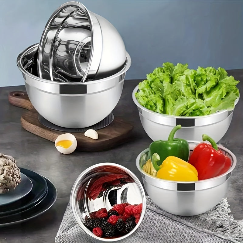 Set of 7 stainless steel mixing bowls with sealed black lids and 3 flossing tools. These nesting bowls are perfect for various kitchen tasks including baking, serving, cooking, dishwashing, and more. Can be used as a fruit bowl, noodle bowl, or any other