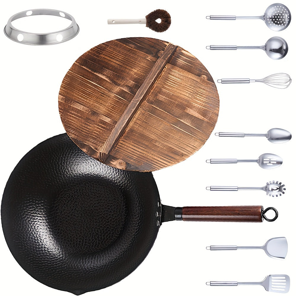 TIROTO 12-piece Wok Set includes a 32cm Uncoated Hammered Iron Pan with Wooden Lid. This induction-compatible pan is non-stick and suitable for use on gas stove, electric, and halogen cooktops. Experience Chinese-style cooking with this versatile