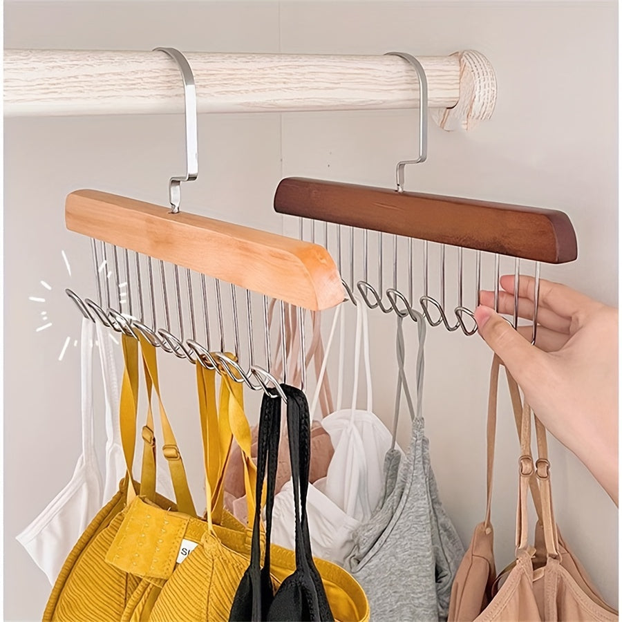 Versatile solid wood clothes hanger with 8 hooks for storage of underwear, vests, ties, and clothing. Ideal for use in clothing stores or as a clothes drying rack.