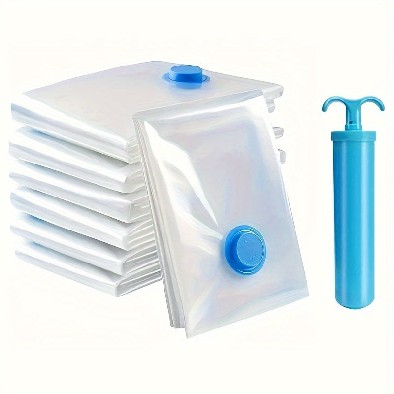 Transparent home clothing travel luggage space saver storage bags - set of 5. Vacuum compressed bags for clothes with hand pump - perfect for saving space.