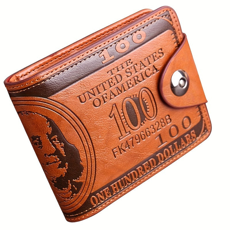 Men's PU leather wallet with dollar bill print, featuring a snap closure.