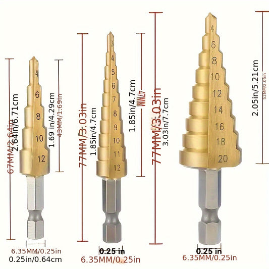 3pc Titanium-Coated HSS Step Drill Bit Set - High Precision, Multi-Size for Wood & Metal, Durable & Versatile