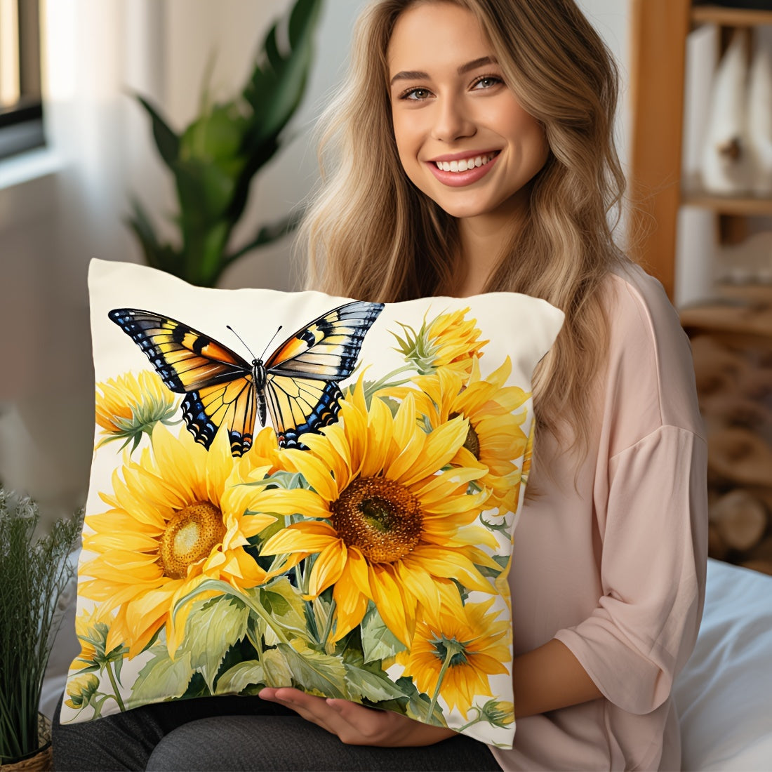 One piece of Sunflower Butterfly Design throw pillow cover made of Peach Skin Velvet material, measuring 45x45cm. Perfect for decorating your car, living room sofa, bedroom, or bedside backrest. Features a single side print design. Pillow inner not