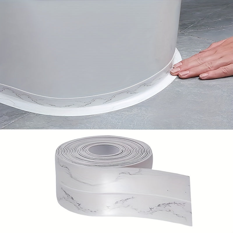 Self-adhesive white PVC waterproof sealing strip for showers, sinks, kitchens, and bathrooms. Suitable for home and commercial use. Easy to install.