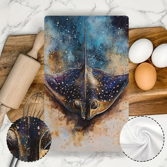 This offer includes a pair of luxurious kitchen towels featuring a stunning metallic stingray design. These ultra soft towels are perfect for both drying dishes and hands, making them a great addition to your holiday decor. They are highly absorbent and