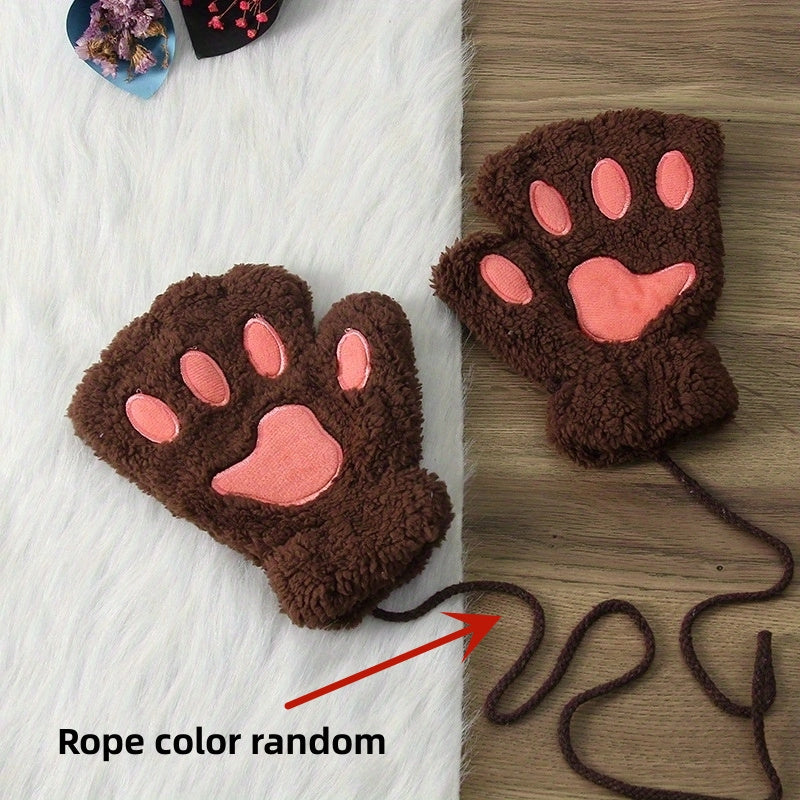 Soft and thickened half-finger winter gloves featuring cute cartoon cat paw design, ideal for keeping your hands warm and cozy. These touchscreen gloves are perfect for adding a touch of fun to your winter wardrobe.