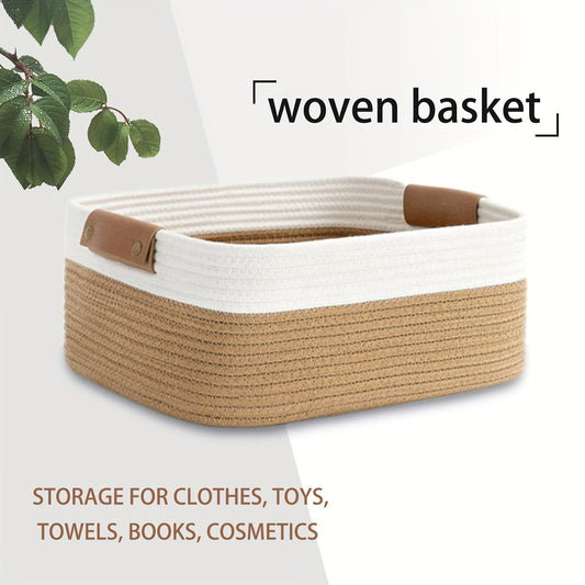 Hand-woven storage basket for organizing sundries, cosmetics, toys, and snacks in bathroom, bedroom, dorm, or office. Decorative and collapsible design.