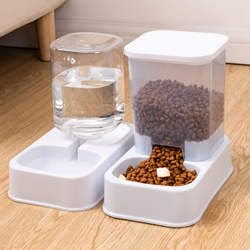 Self-feeder and water dispenser set for cats, made of durable plastic.