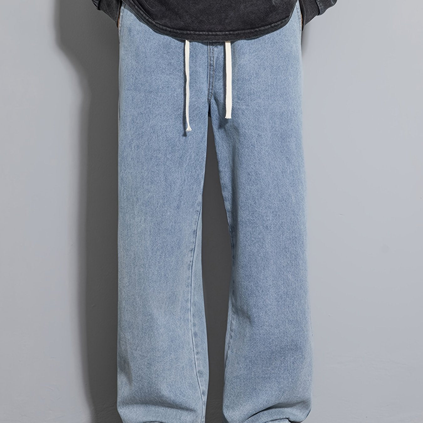 Men's wide leg denim jeans with drawstring waist, loose fit for hip-hop style.