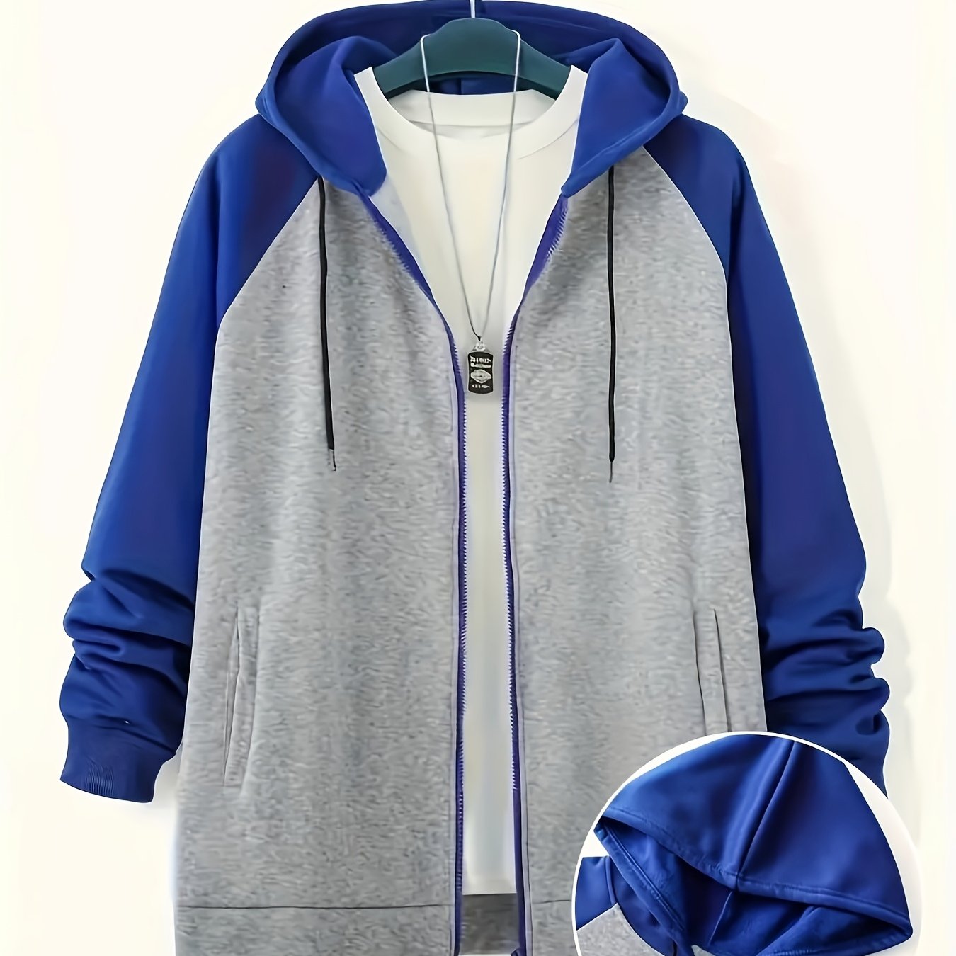 New men's jacket for plus size men with contrast color zipper, plus velvet sweatshirt with hood.