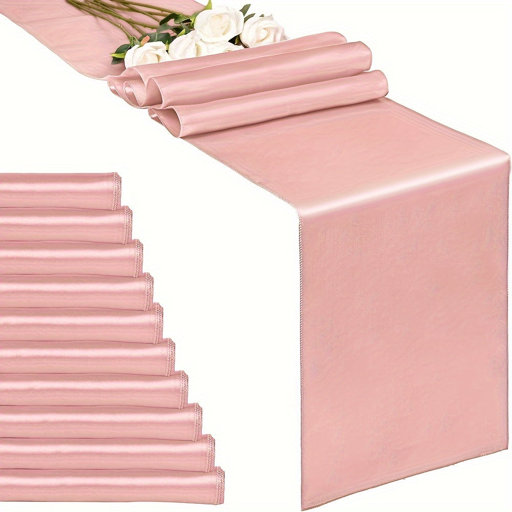 10pcs Rose Gold 29x275cm Satin Table Runner ideal for various table decorations like weddings, birthdays, banquets, graduations, and engagements.