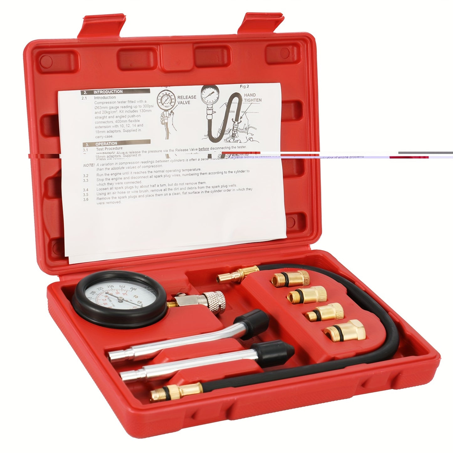 Aluminum alloy compression tester kit with adapters and 0-300PSI gauge for automotive diagnostic testing.