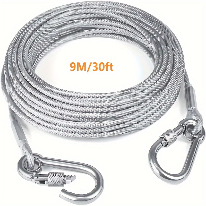 Durable dog tie-out cable, 113.4 KG capacity, stainless steel with swivel snap hooks, perfect for outdoor activities.