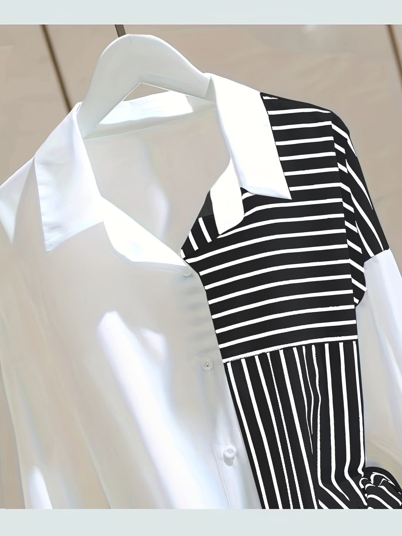 White loose-fitting shirt for women with striped patchwork, perfect for spring and autumn, in a unique casual style.