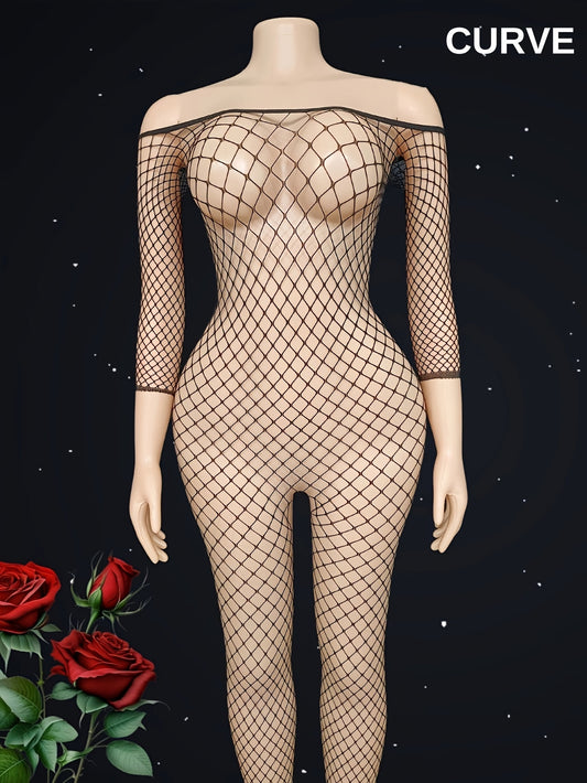 Women's black fishnet bodysuit with off-shoulder hollow-out back, perfect for role play and as a Valentine's Day gift.