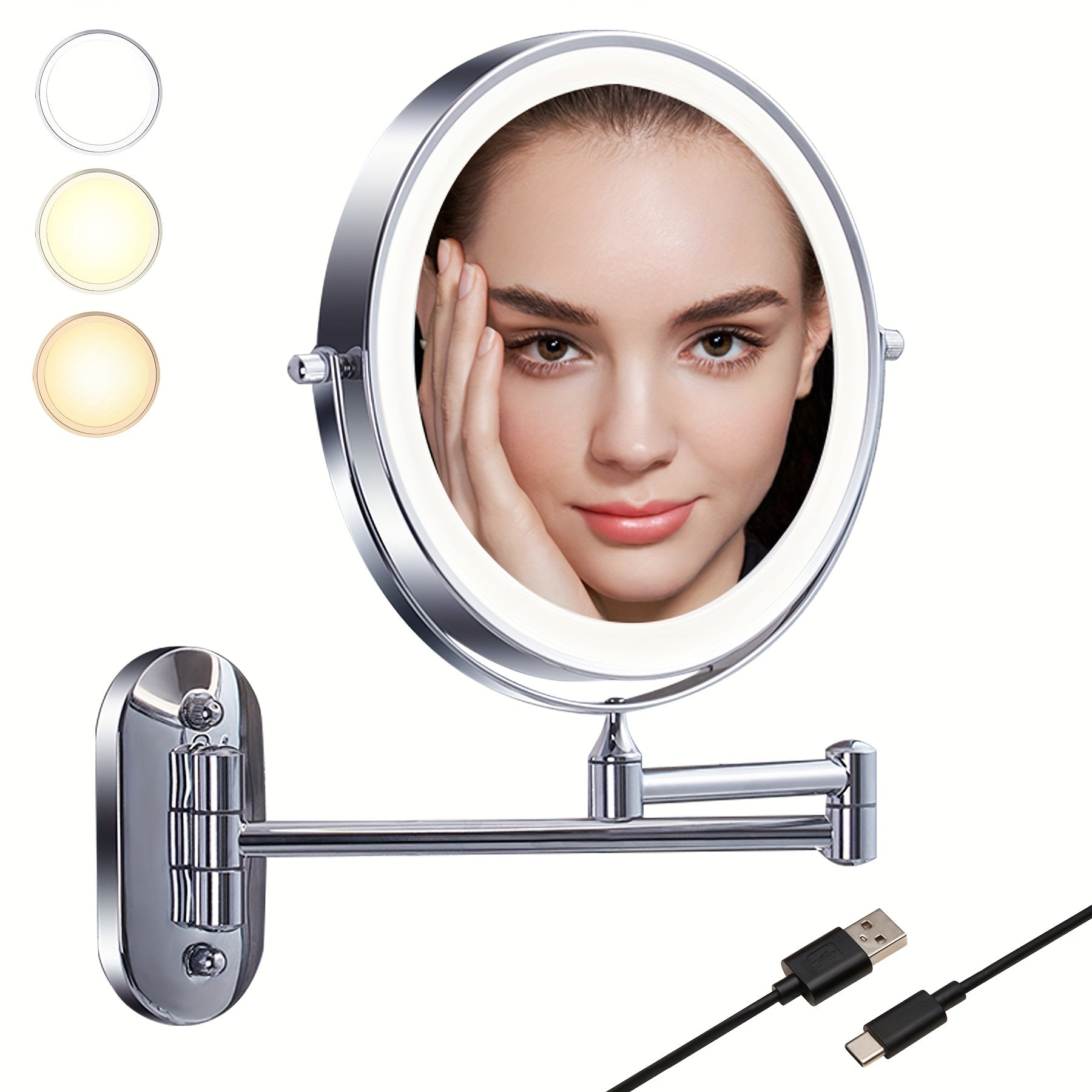 TUSHENGTU LED Makeup Mirror - Dual-Sided, Wall Mount, Adjustable, Foldable, USB Rechargeable, Stainless Steel Frame, Ideal for Bathroom Vanity