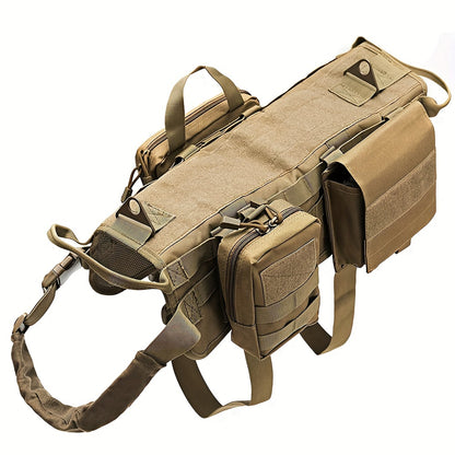 Tough, waterproof dog harness with pockets, washable, tan color, great for training and outdoor use.