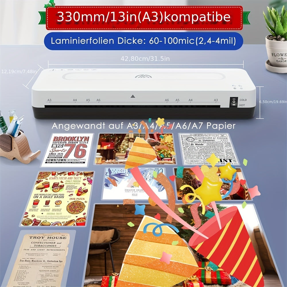 A3 Laminator Machine with Hot & Cold Lamination, 30 Sheets, White Top, Black Base, European Plug - for Office, School, Home Use.