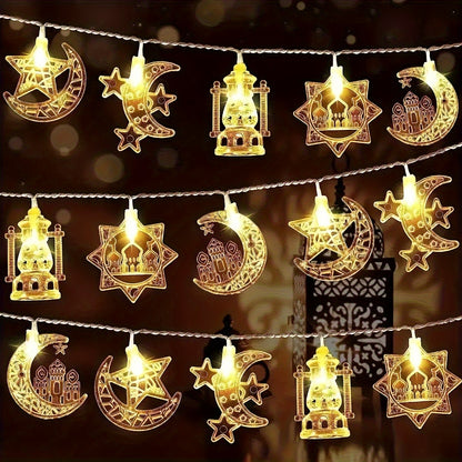 Battery-powered LED string lights designed as decorative palace lanterns featuring stars, moon, and castle design for Middle Eastern festivals and celebrations. Perfect for hanging or