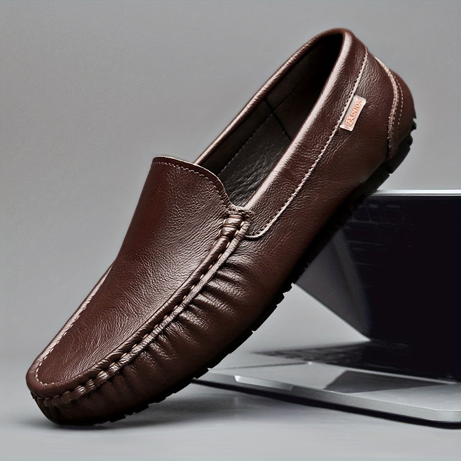 Genuine leather loafers for men with casual slip-on style, square toe, rubber sole, comfortable PU insole, suitable for all seasons.