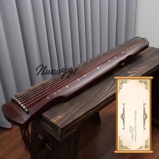 NUNUGGS Traditional Chinese Guqin made of solid paulownia wood with elegant black finish and golden tone tuning pins. Suitable for beginners, photo props, and antique interpretation.